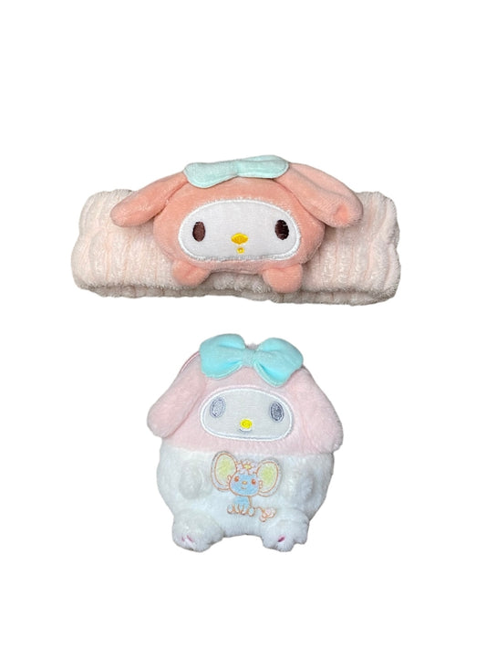 My melody fluffy headband + plushie keychain coin purse bundle